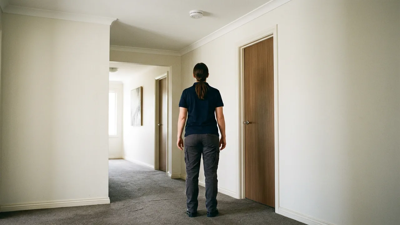 Illustrative person standing in a home hallway beneath a smoke alarm