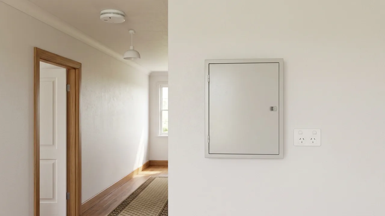 Illustrative closed electrical fittings in a home hallway