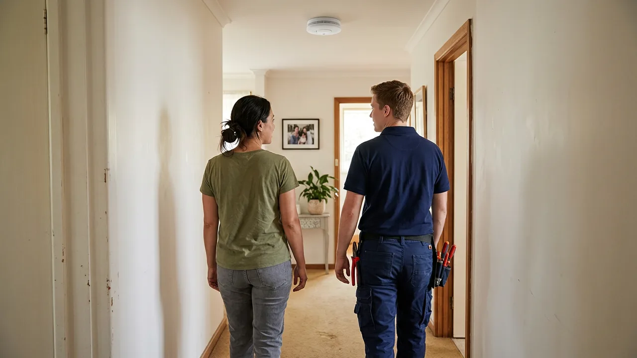 Illustrative two people discussing a home hallway